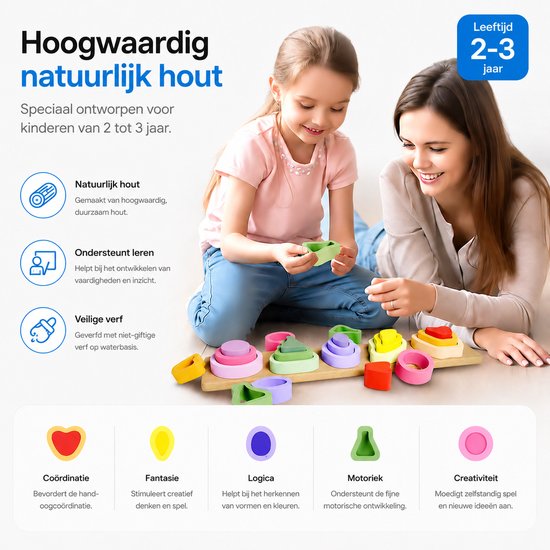Tolvia Montessori Houten Stapelspeelgoed - Fruit Stapel Puzzle voor Peuters - Educatief Speelgoed 2-3 Jaar - Fijne Motoriek & Kleuren Herkennen — afbeelding 4