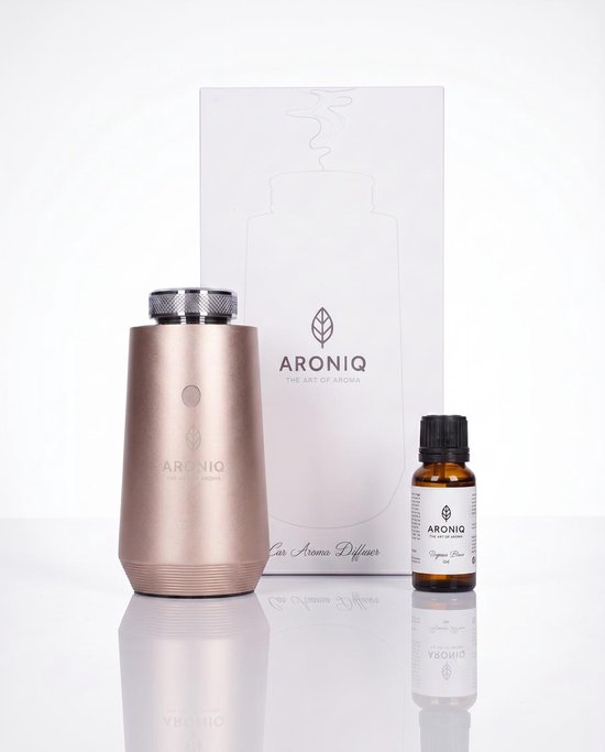 Rosegouden ARONIQ diffuser, etherische olie flesje en verpakking.