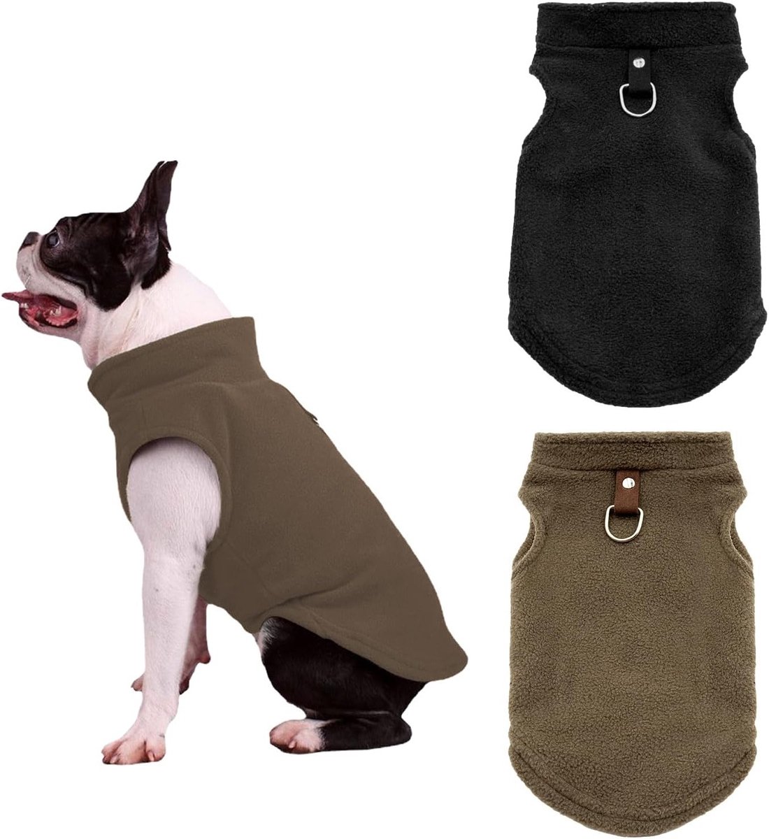 Warme Fleece D-Ring Hondenpullover voor Middelgrote en Grote Honden, Zachte Winterjas voor Binnen en Buiten, Ideaal voor Koude Dagen (Zwart, Bruin) (XL)