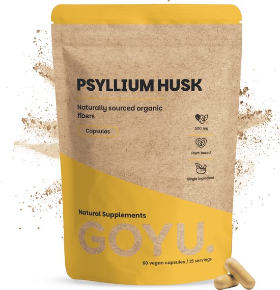 Zakje GOYU Psyllium Husk, gemaakt van kraftpapier, met een gele diagonale streep en de tekst '60 vegan capsules'.