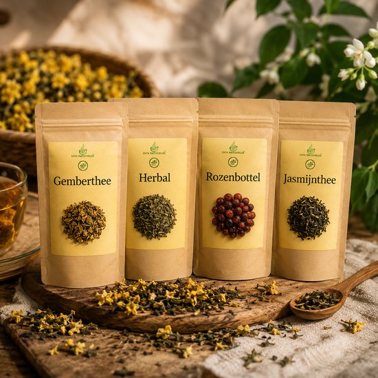 Vier bruine zakjes thee met op de voorkant een geel etiket: Gemberthee, Herbal, Rozenbottel en Jasmijnthee, met de gedroogde thee erin.