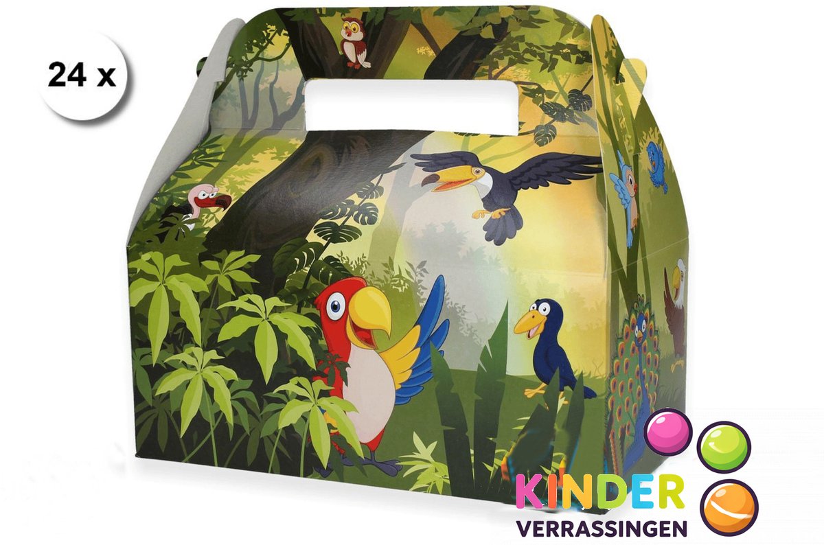 24 stuks menubox smulbox traktatiedoosje Kidsbox - vrolijke VOGELS - 22 (lengte) x 11.5 (breedte) x 10 cm hoogte tot vouwpunt - uitdeeldoosje - kinderfeestje