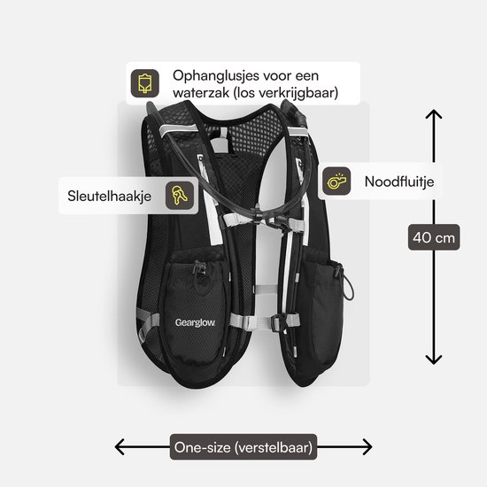 Een zwart GearGlow hardloopvest, één maat, verstelbaar. Met mesh, vakken, sleutelhanger, noodfluitje en een 40 cm hoge meting.