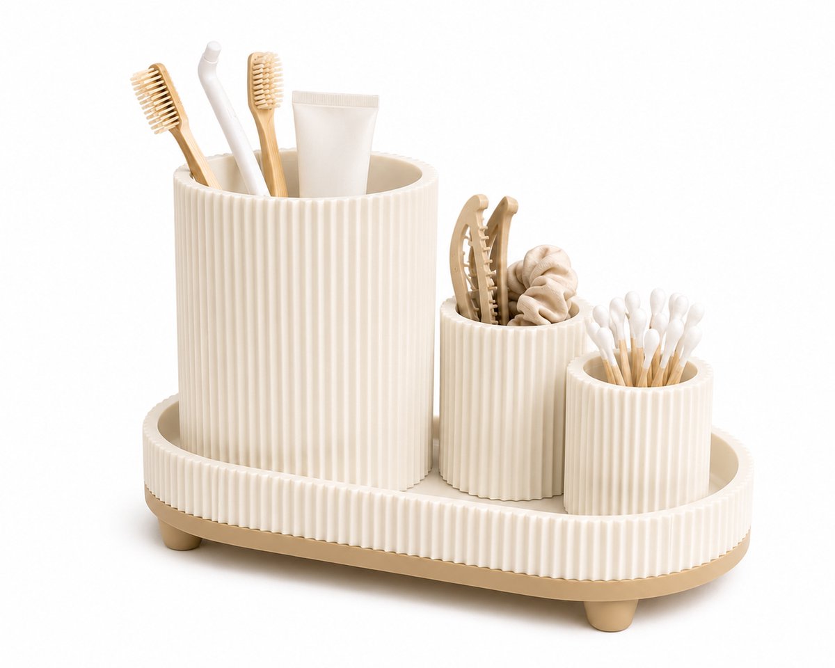 Badkamer Organizer Set – Tandenborstelhouder, Wattenstaafhouder & Opbergbakje