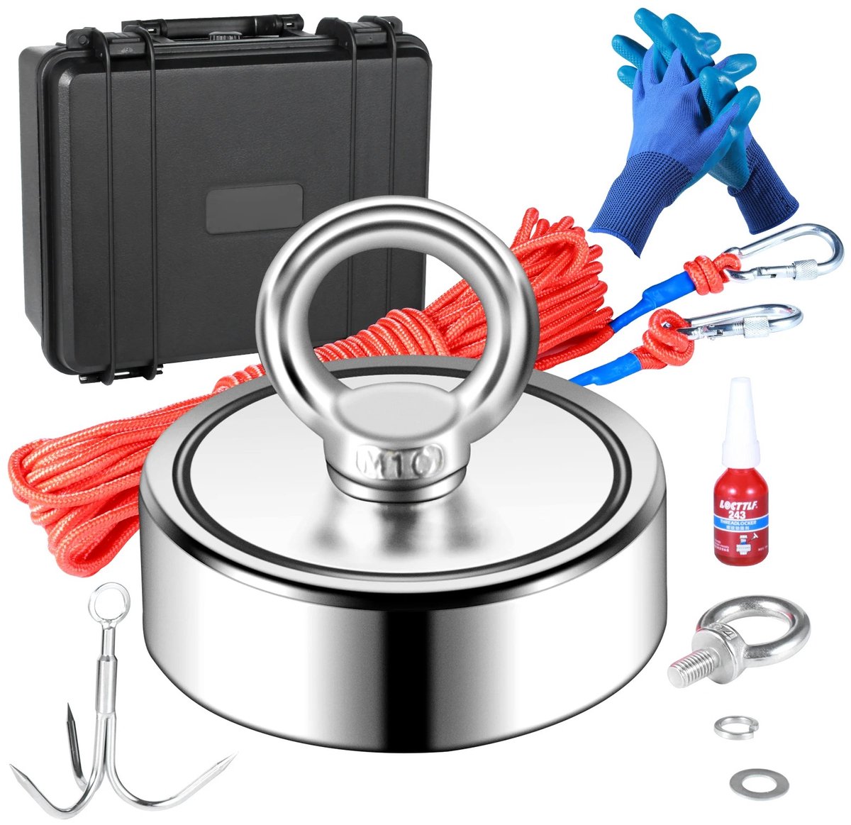 AALVERO - Magneet vis set - Magneetvissen - Vismagneet - Tweezijdig magneet - 600 kg trekkracht - Handschoenen - Koffer - RVS