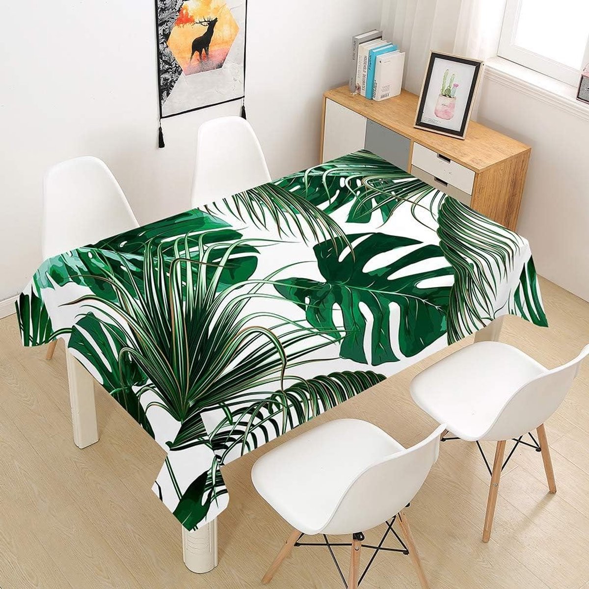Waterdichte Tafelkleed Rectangular met 3D Tropische Plantenprint - Vlekbestendig en Wasbaar voor Keuken, Tuin, Picknick en Feest (Groen, 140 x 240 cm)