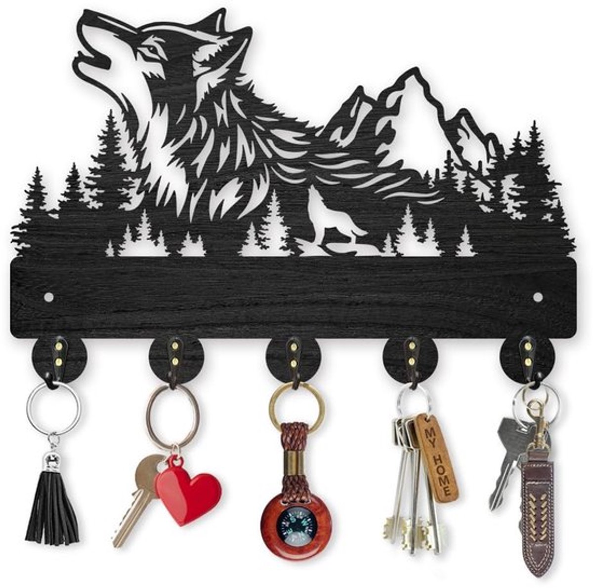 Sleutelhaak Wandmontage - Houten Bos Wolf - 5 Haken - 30