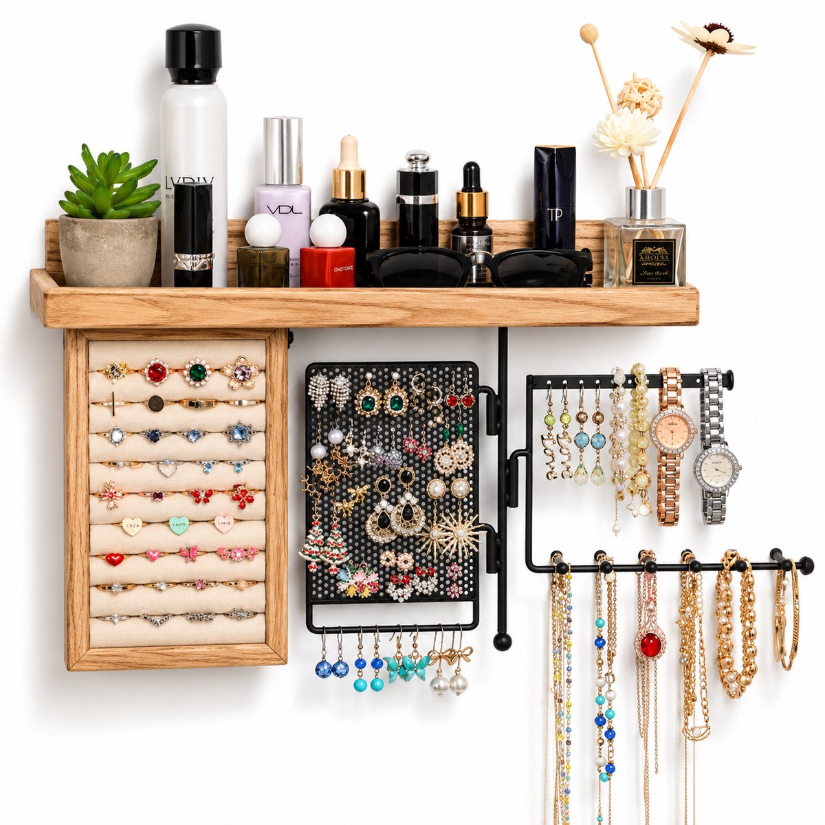 BOTC Sieradenhouder - Vintage houten plank - Ringdisplaydoos - Oorbellenhouder - Draaibare kettinghouder