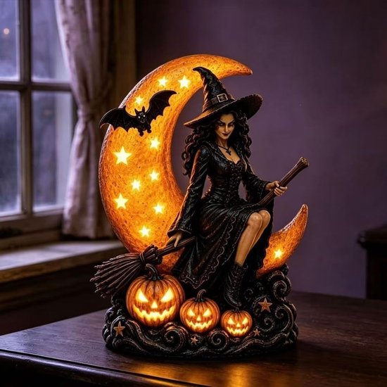 Une décoration d'Halloween lumineuse : une sorcière sur un balai, assise sur une lune étoilée. Trois citrouilles sculptées et des étoiles à la base.