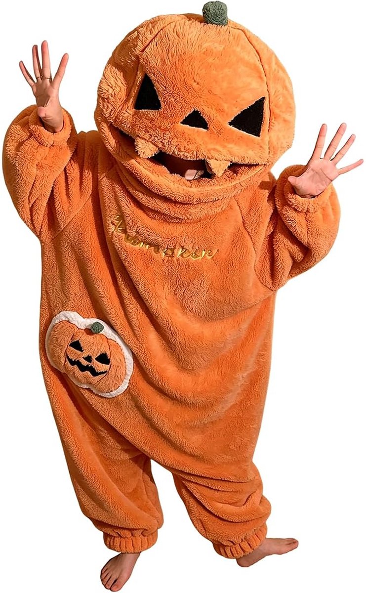 Namajunas - Halloween kostuum - pompoen - onesie kinderen - jongens meisjes - Halloween kleding - pyjama - huispak met capuchon - oranje - jumpsuit - maat 130