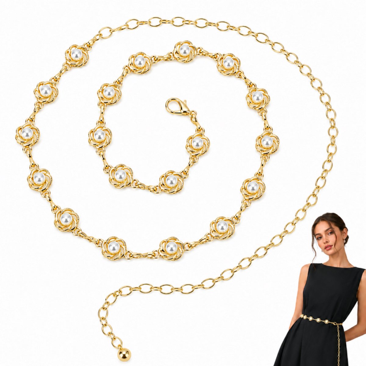 Fashion Riem Dames - Metalen Ketting Riem met Parelbloem - Goudkleurige Heupketting - Tailleketting voor Jurken en Jeans - Verstelbare Heupketting