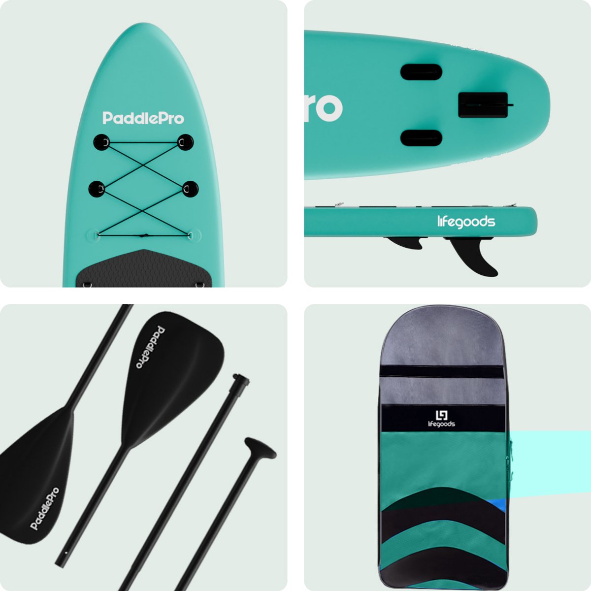 LifeGoods PaddlePro SUP Board - met Zitje - Opblaasbaar Paddle Board - Complete Set - Max. 150KG - 320x81cm - Mintgroen/Zwart – foto 8