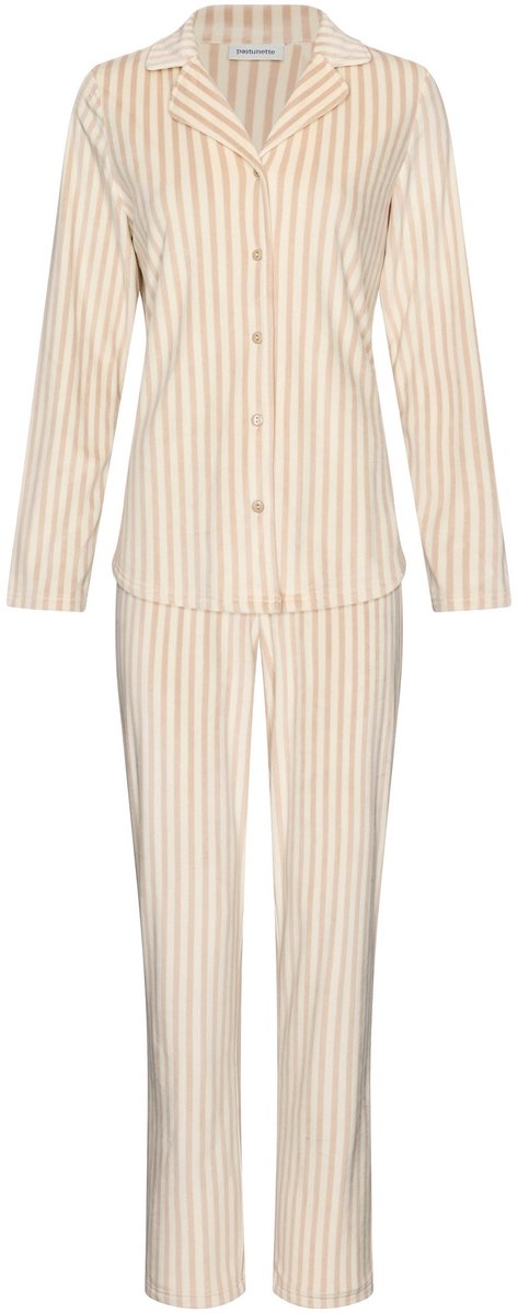 Pastunette - Softness - Pyjama - Doorknoop - Velours Fleece - Beige - Gestreept - Maat 36