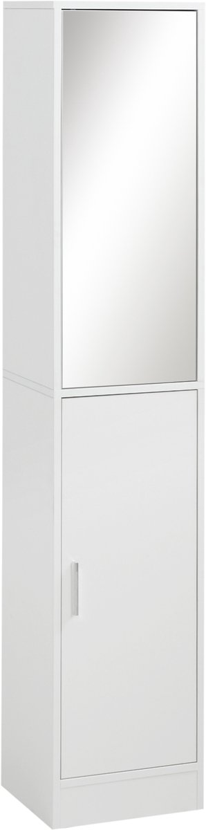 TEKROA® Badkamerkasten - Houten badkamerkast met kolom - 5 planken en openslaande spiegeldeur - 32x28x162 cm - wit
