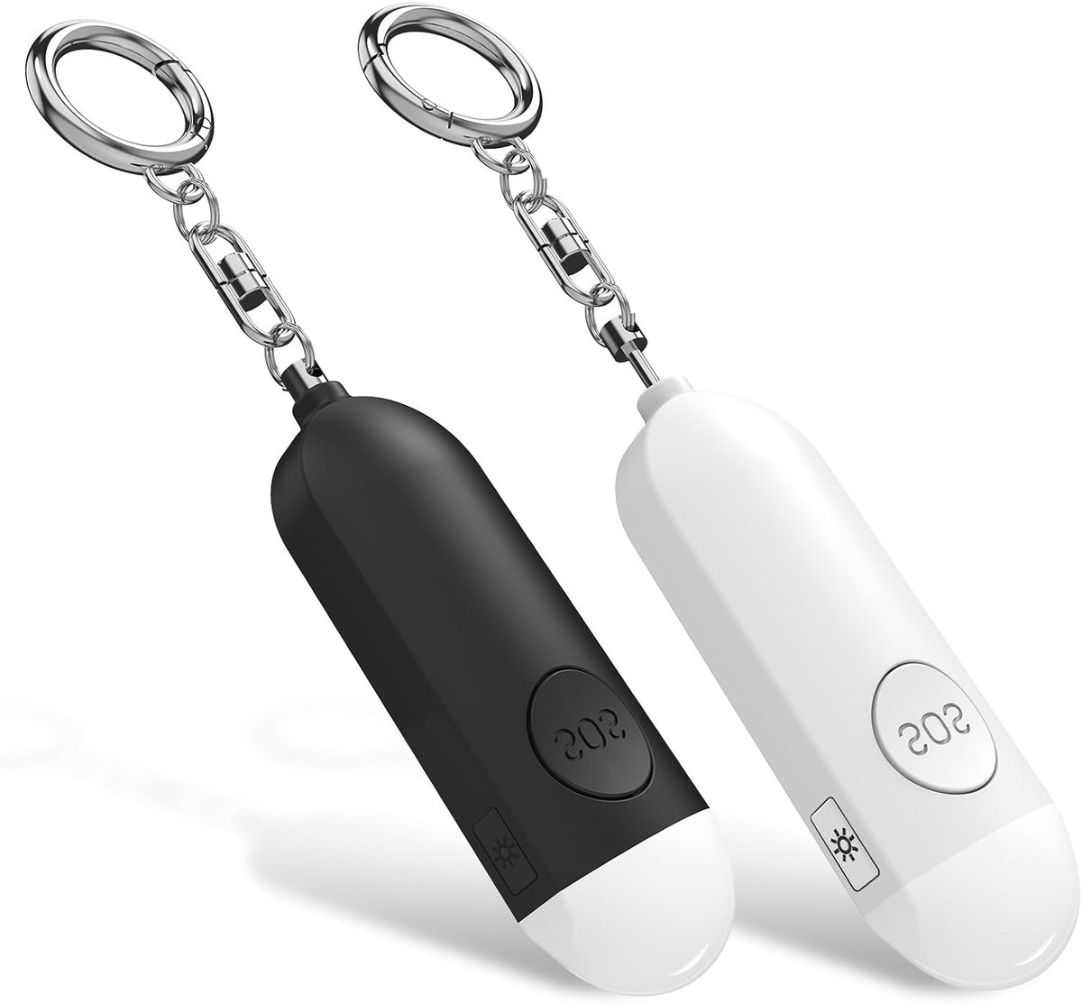 2 Stuks Persoonlijk Zakalarm - 130 dB Sirene met Stroboscoop & LED-Lampje - USB Oplaadbaar Veiligheidssleutelhanger - Paniekalarm voor Ouderen, Vrouwen & Iedereen - Zelfverdediging Accessoire - Compact & Draagbaar - Zwart & Wit