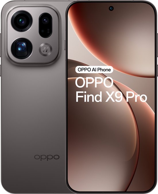 OPPO Find X9 Pro smartphone in Houtskool Titanium. Grote camera-unit met drie lenzen en 'oppo' logo.