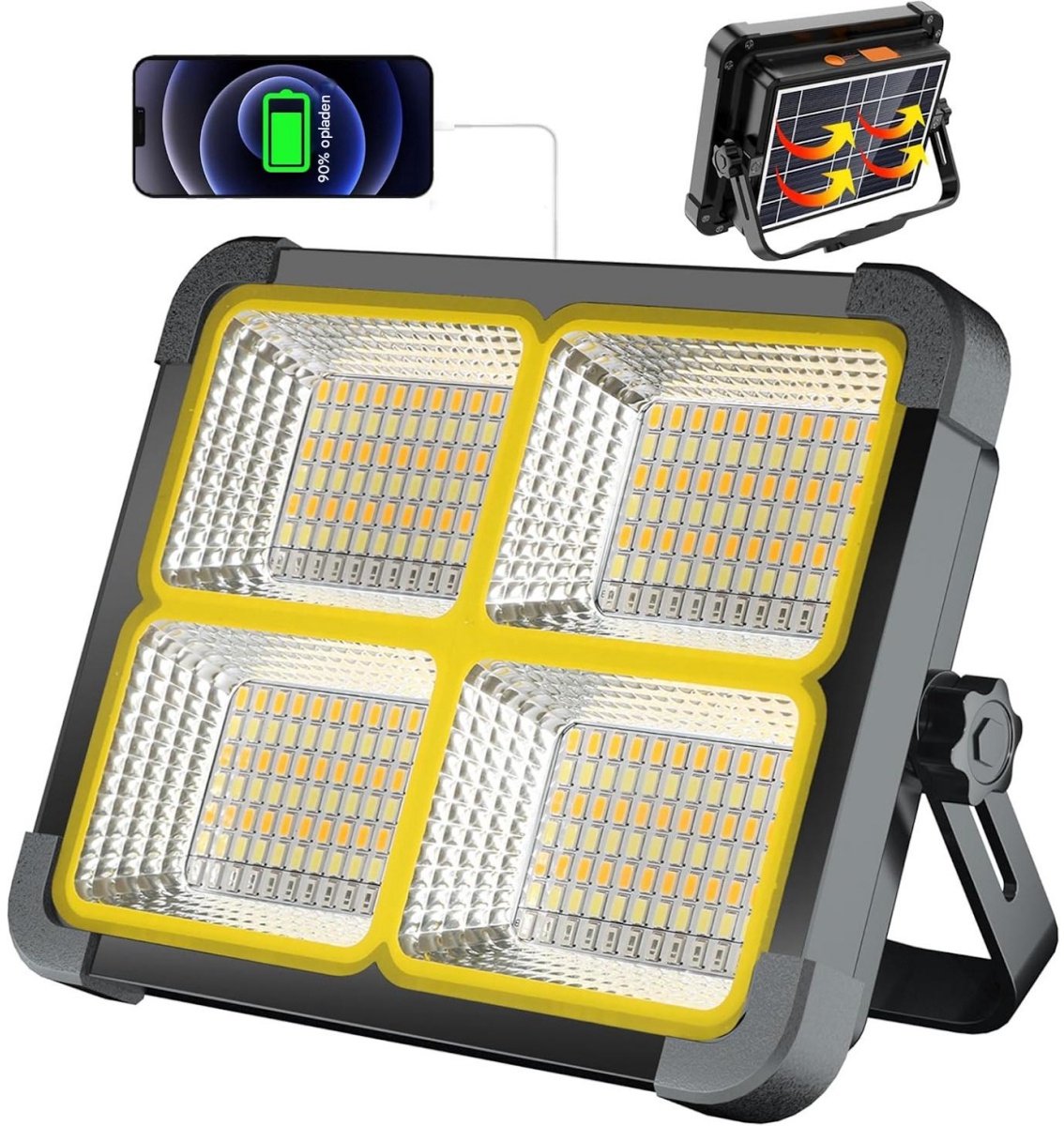 SSTRWGOOD Oplaadbare LED-bouwlamp op zonne-energie – 10.000 lumen – 12.000 mAh – Magnetische voet – 100 W – 336 LED's – 4 lichtstanden – USB-uitgang – IP53-classificatie – Geschikt voor kamperen, vissen, noodgevallen, bouwplaatsen, garages en meer