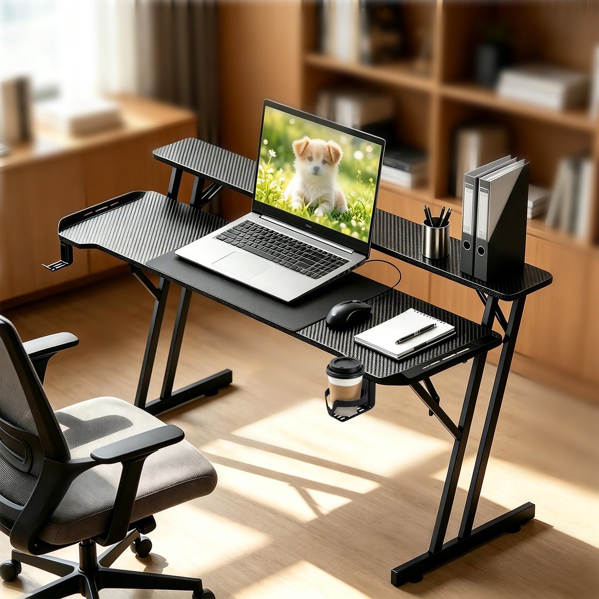 Soontrans - Gaming Bureau - 140x60x86cm - Zwart Bureau - Computertafel - Gaming Tafel - Met LED Verlichting - Bekerhouder - Hoofdtelefoonhouder - Incl. Muismat - Tafel met Twee Niveaus