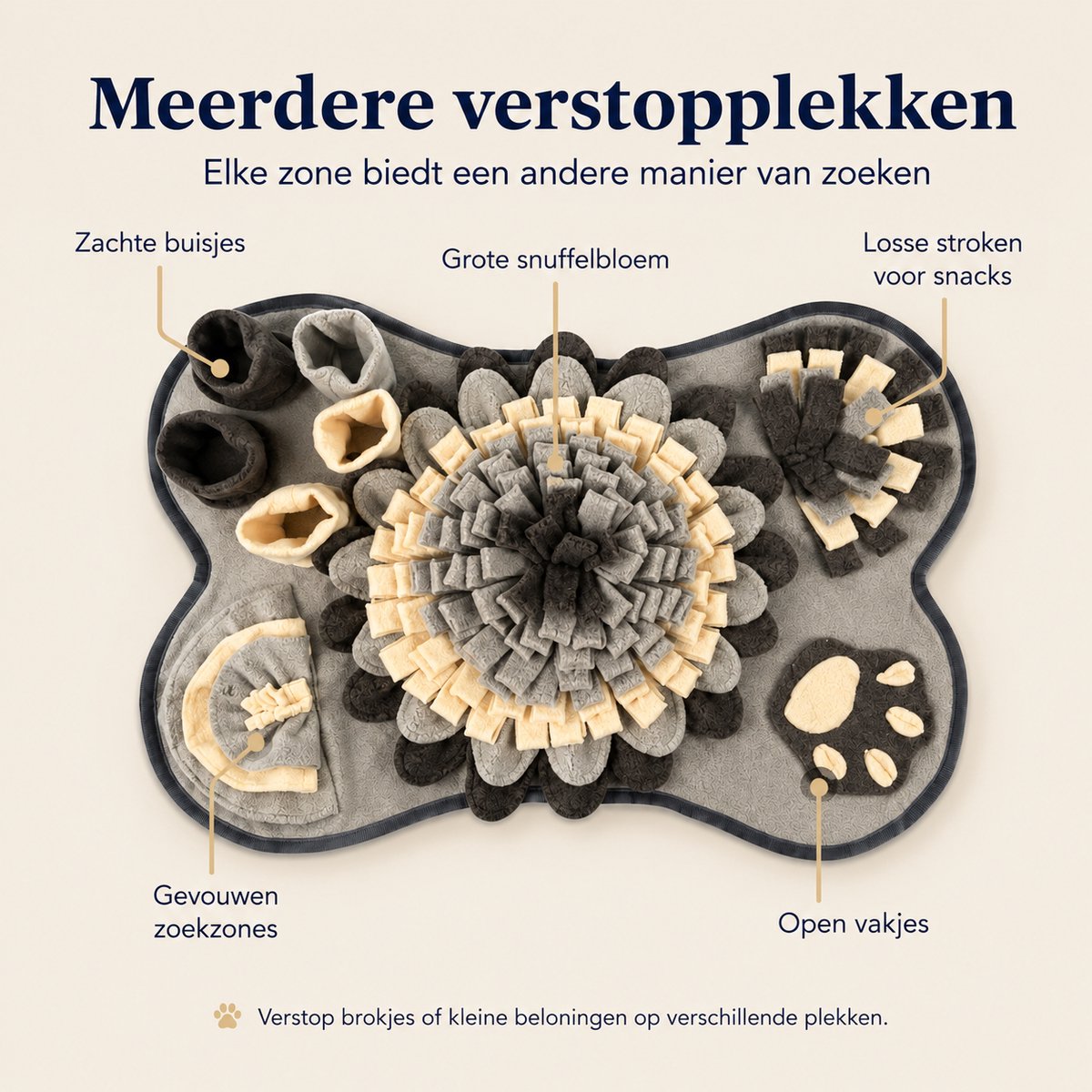 Snuffelmat Hond - Hondenpuzzel & Zoekmat - Slowfeeder voor Brokjes en Snacks - Hondenspeelgoed met Meerdere Verstopplekken - Grote Snuffelbloem - 64 x 43 cm - Grijs thumbnail 2