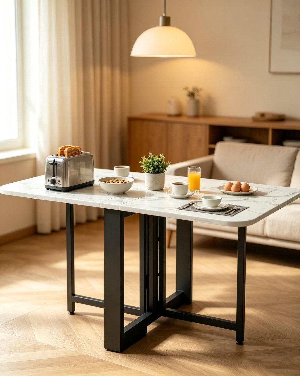 Vouwtafel 120 x 60 cm marmerlook tafelblad zwart metalen frame opklapbare eettafel voor thuis en klein appartement