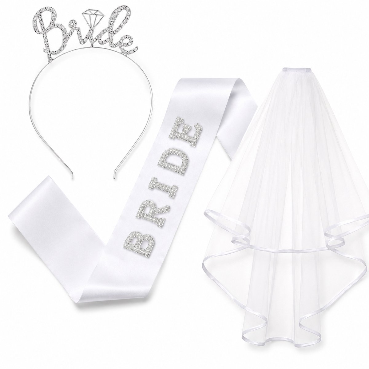 Gloovon® Vrijgezellenfeest Set Bride - Diadeem, Sluier & Sjerp - 3-Delig - Strass & Satijn - Feestaccessoires Bruid - Wit/Zilver
