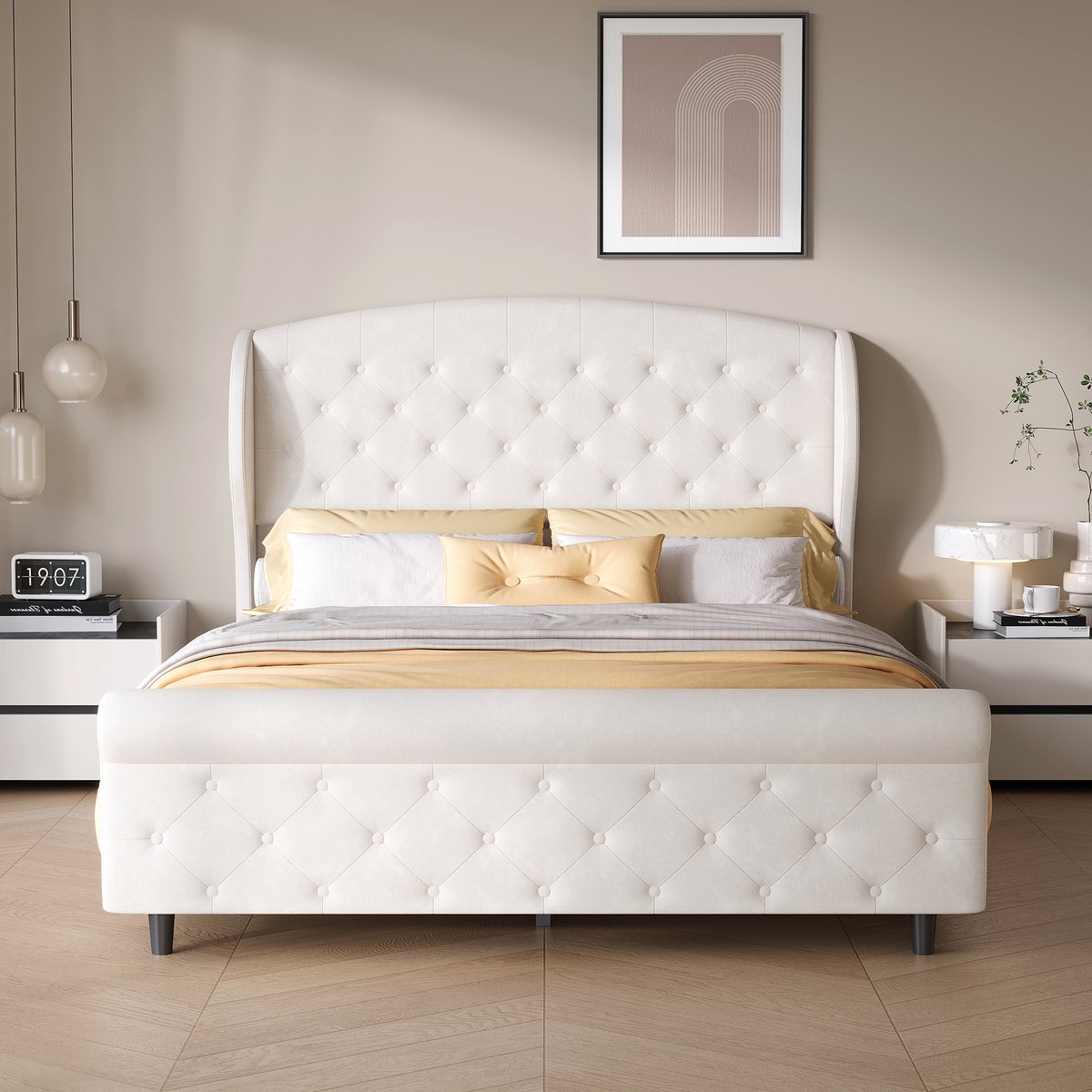 Volwassen bed 140x200 cm, tweepersoonsbed met gestoffeerd hoofdbord en voetbord, decoratieve knopen, fluwelen bekleding, gebroken wit, zonder matras