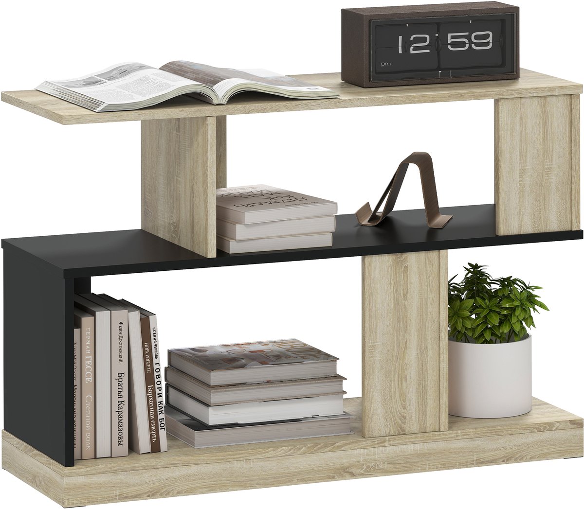 S-vormige bijzettafel — 3-delige bankcombinatie met opbergplanken — salontafel — 90 x 30 x 24 cm — naturel en zwart