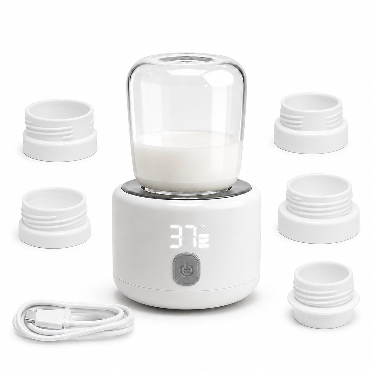 Draagbare Baby Flessenwarmer voor Onderweg - Intelligente Flesverwarmer - Draadloos - 9000 mAh - 4 Temperatuurniveaus - USB-C - 5 Adapters