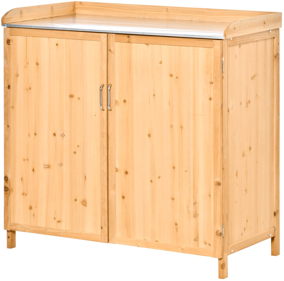 2-in-1 staande tuinkast en planttafel - Tuinwerktafel met twee deuren - planken en metalen bakken - Natuur - 98 x 48 x 95 cm