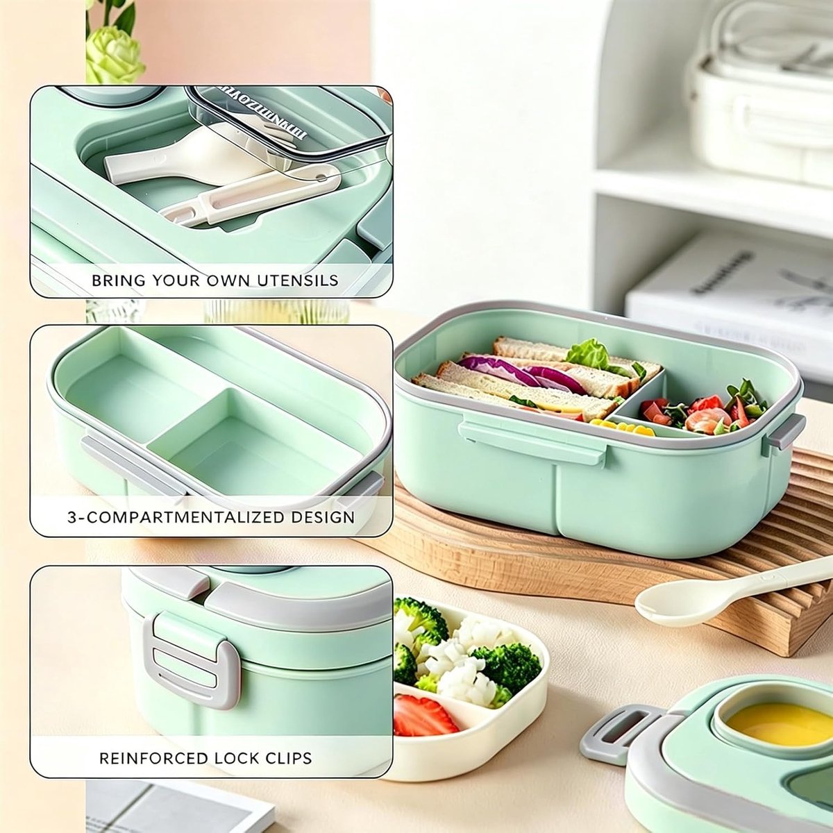Bobypet - Lunchbox Set met Geïsoleerde Lunchtas- 1200ml - 2-Laags Stapelbare Broodtrommel met Vakjes - Lekvrij en BPA-Vrij - Inclusief Bestek, Sausbakje en Saladebeker - Geschikt voor Magnetron - Groen — cadeau in Koken & Dineren - foto 3