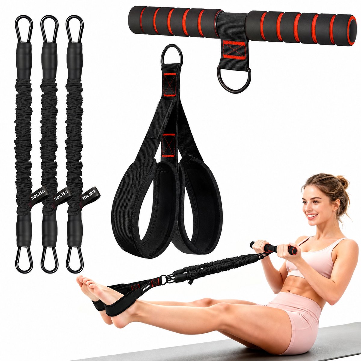 Gloovon Pilates Bar Kit - Full Body Resistance Training Set - Pilates Stick met Weerstandstubes - Voor Thuis & Fitness - Inclusief Voetpedaal - Zwart