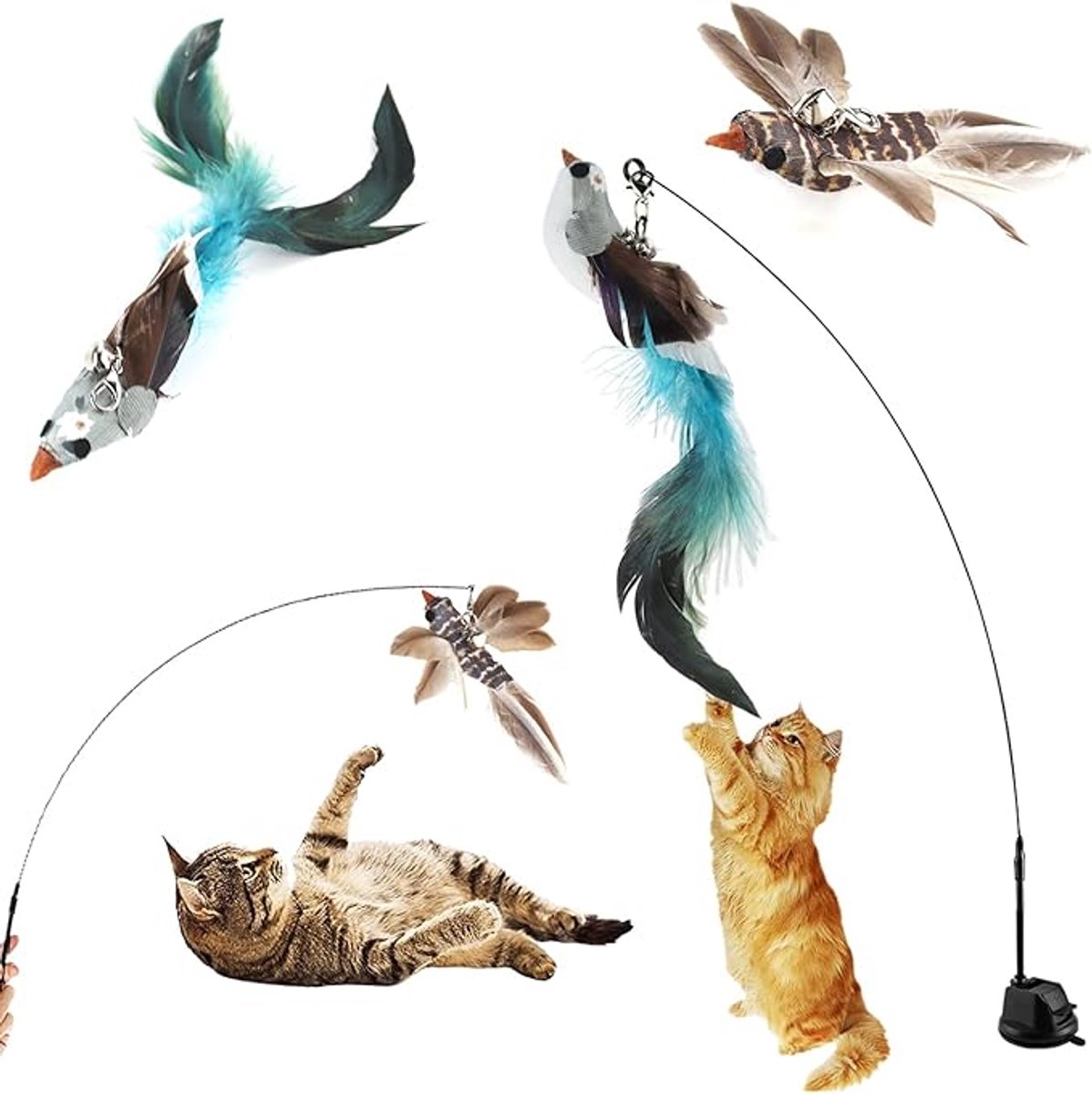 Interactief Kattenspeelgoed met Zuignap, Kattenhengel met Veren, Vliegende Vogel, Stabiel Speelgoed voor Kleine en Grote Katten