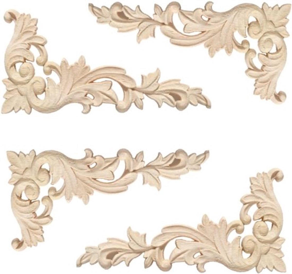 Houten Ornamenten voor Meubels - 4 Stuks Gesneden Hoekornamenten, Decoratieve Houtbewerking, 20 x 10 cm, Meubelaccessoires, Interieurdecoratie, Vintage Stijl