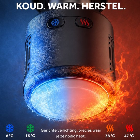 Close-up van de kop van een massagepistool met effecten van vuur en ijs. Geeft temperaturen aan: 8°C, 16°C, 38°C, 47°C.