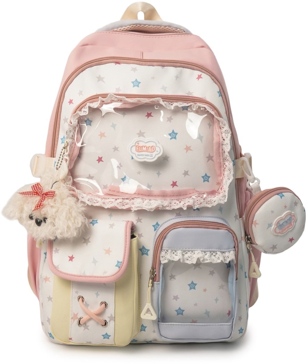 Meisjes Rugzak Set – Schoolrugzak met Portemonneetje – 2-delige Set – 31 × 17 × 43 cm – Met Transparant Voorvak – Voor Buttons & Foto's – Nylon – Roze – Voor School & Dagelijks Gebruik