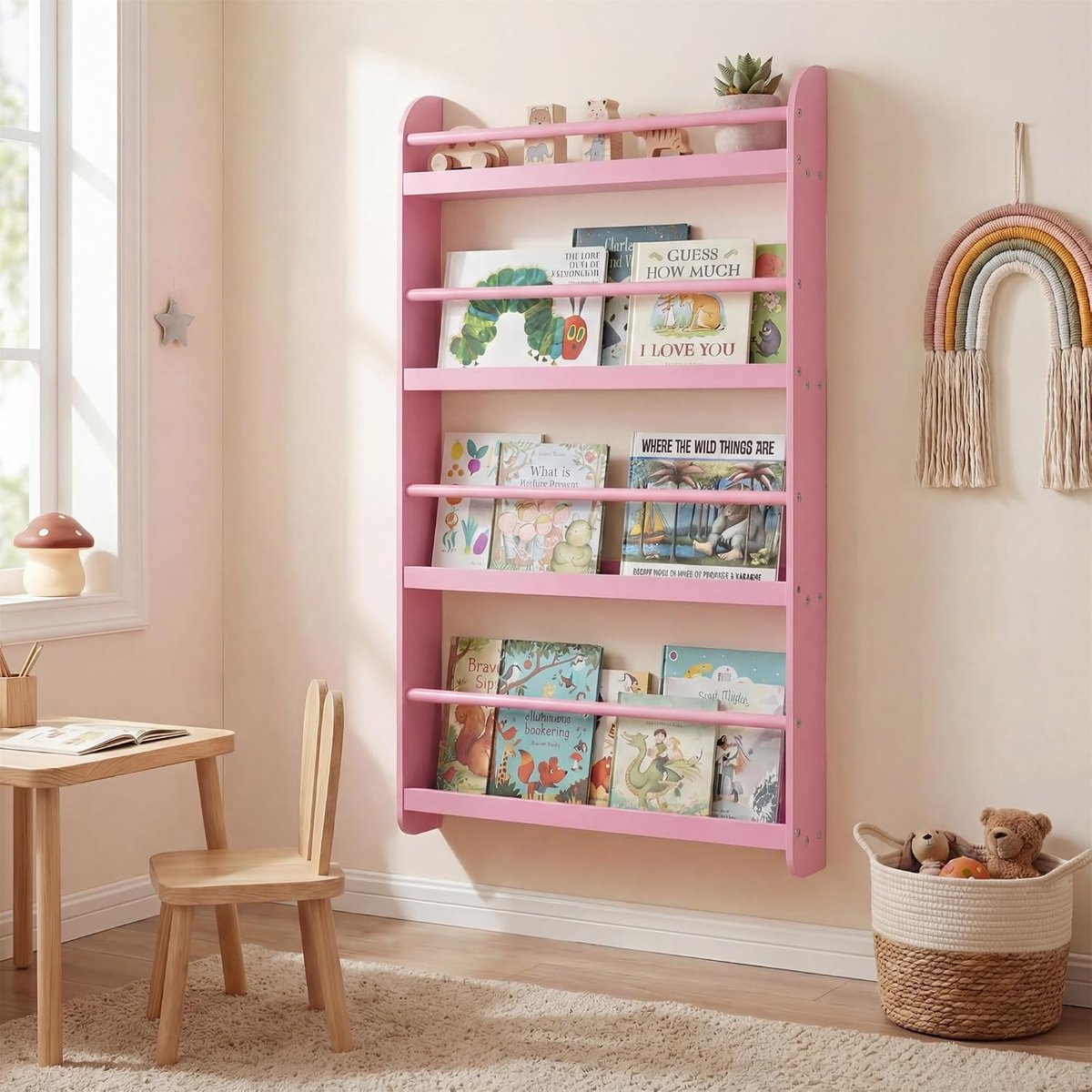 KOMFOTTEU Kinderboekenplank - wandplank met 4 vakken - ruimtebesparende wandplank - houten Montessori-speelgoedplank - kinderboekenkast voor kinderkamers & speelkamers - 56 x 12 x 107 cm - roze