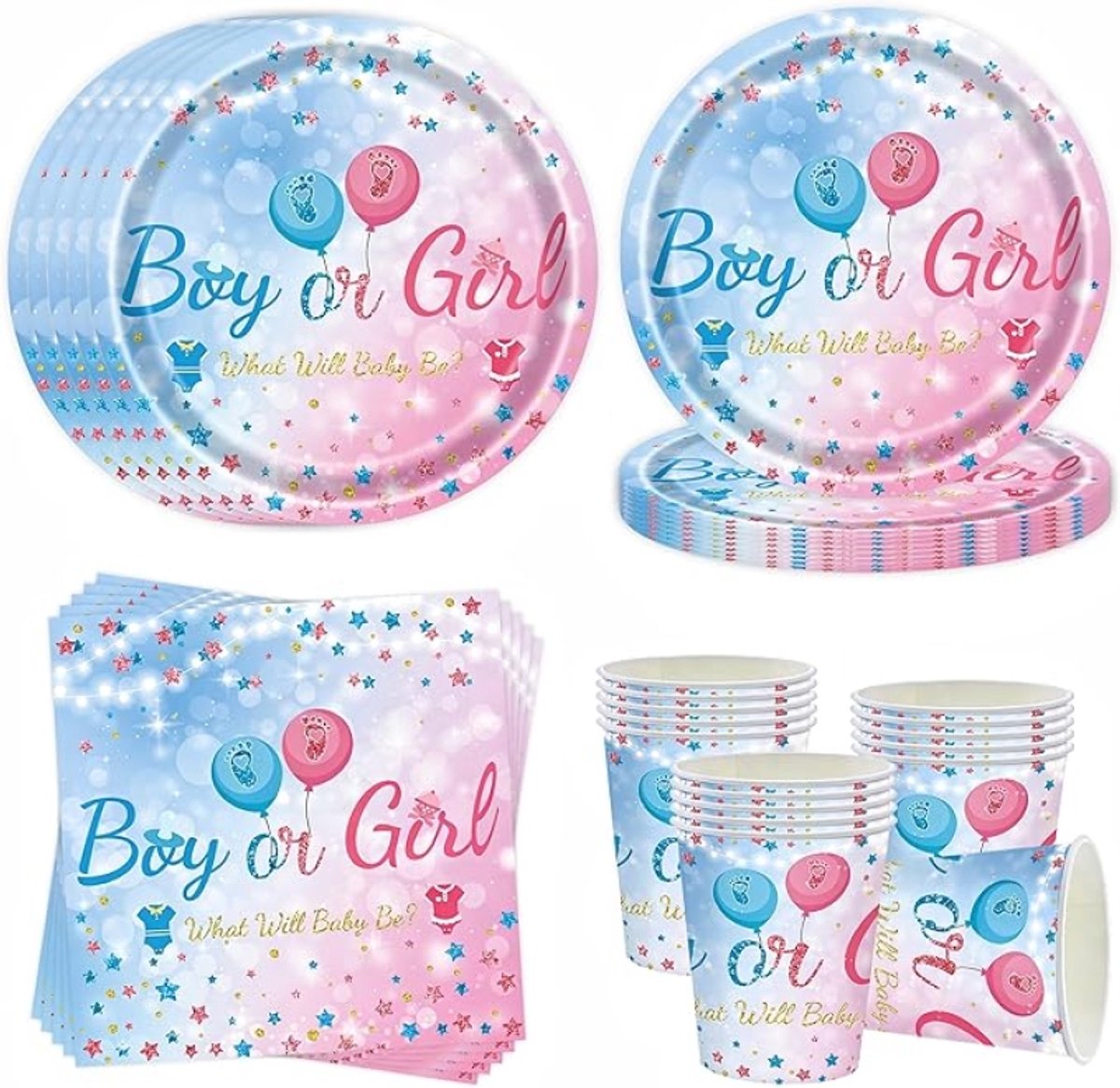 Gender Reveal Servies Set voor 16 Gasten - 52-delige Wegwerp Party Set met Borden, Bekers en Servetten voor Babyshower