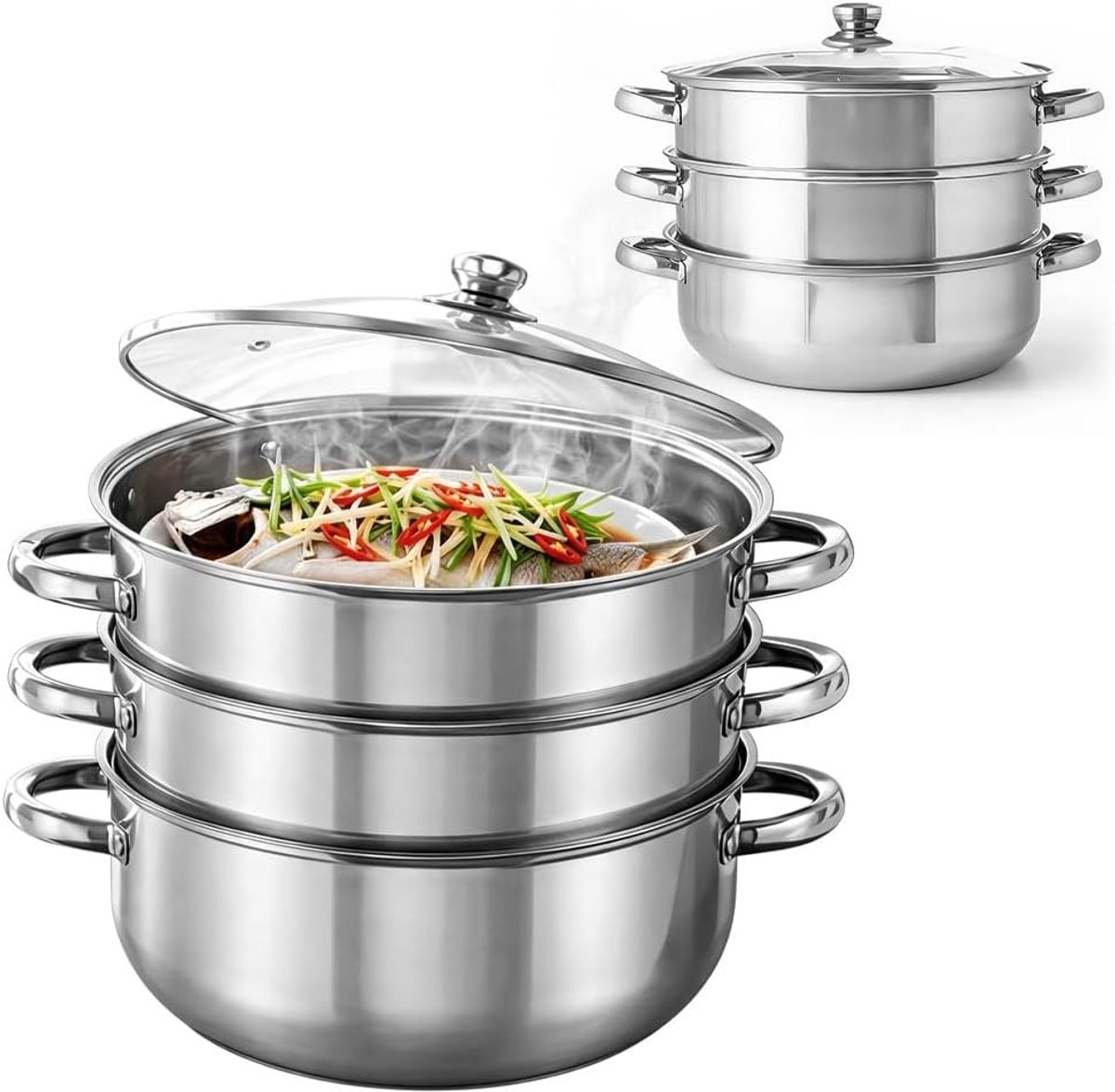 RVS Stoomkoker met Glazen Deksel, 11 inch, 3-laags Kookgerei voor Groenten, Zeevruchten en Soepen