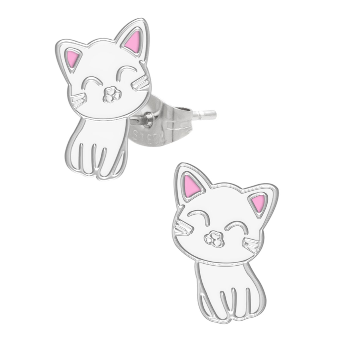 Kinderoorbellen Meisjes – Oorstekers Witte Kat – 316L Chirurgisch Staal – Katten Oorbellen met Roze Details – 11 mm