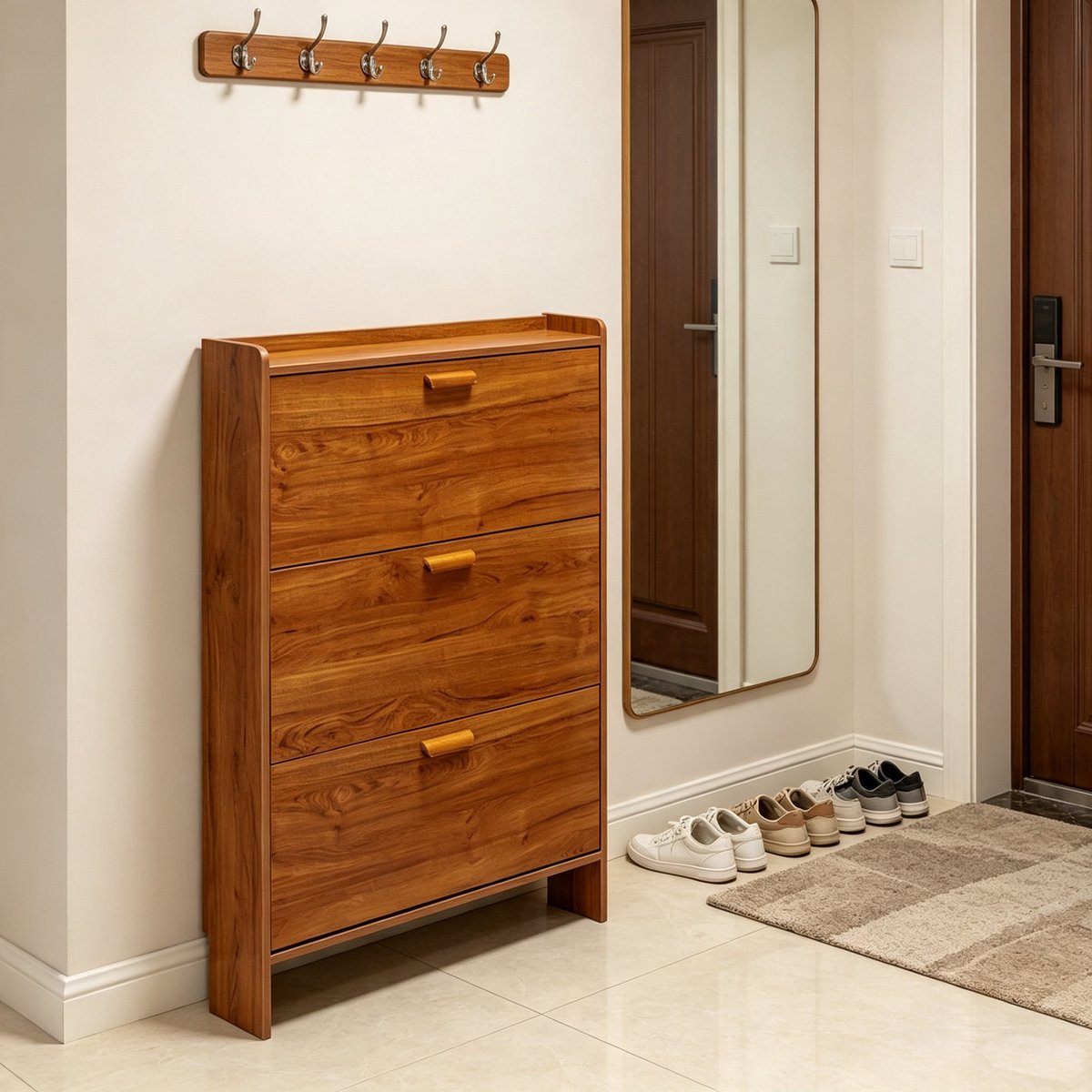 Deze ultradunne walnootkleurige opklapbare schoenenkast heeft drie opklapbare deuren en planken Dankzij het smalle ontwerp is hij geschikt voor gangen kleine appartementen en woningen Afmetingen 80*17*115 cm