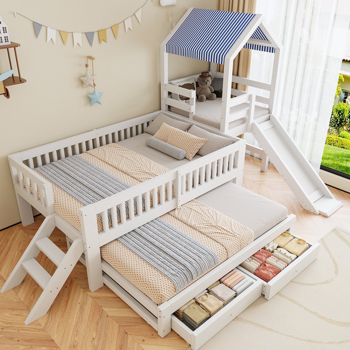 Kinderbed 90X200, Met Uitschuifbaar Bed 90X190, Huisvormig Kinderbed Met Glijbaan, Met Zijtrap, Met Lades, Stapelbed Met Massief Houten Frame En Stoffen Dak-Wit