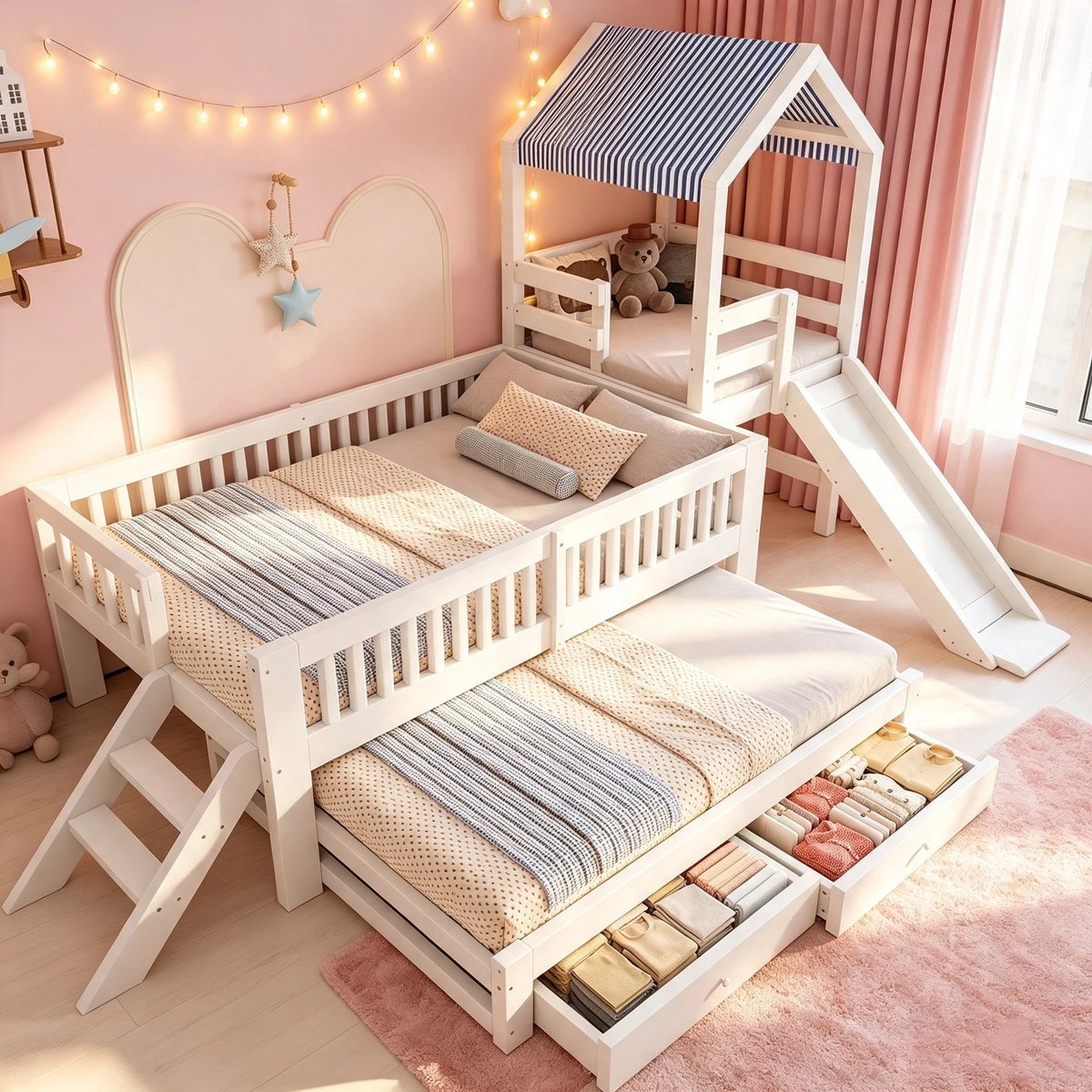Kinderbed 90X200, Met Uitschuifbaar Bed 90X190, Huisvormig Kinderbed Met Glijbaan, Met Zijtrap, Met Lades, Stapelbed Met Massief Houten Frame En Stoffen Dak-Wit