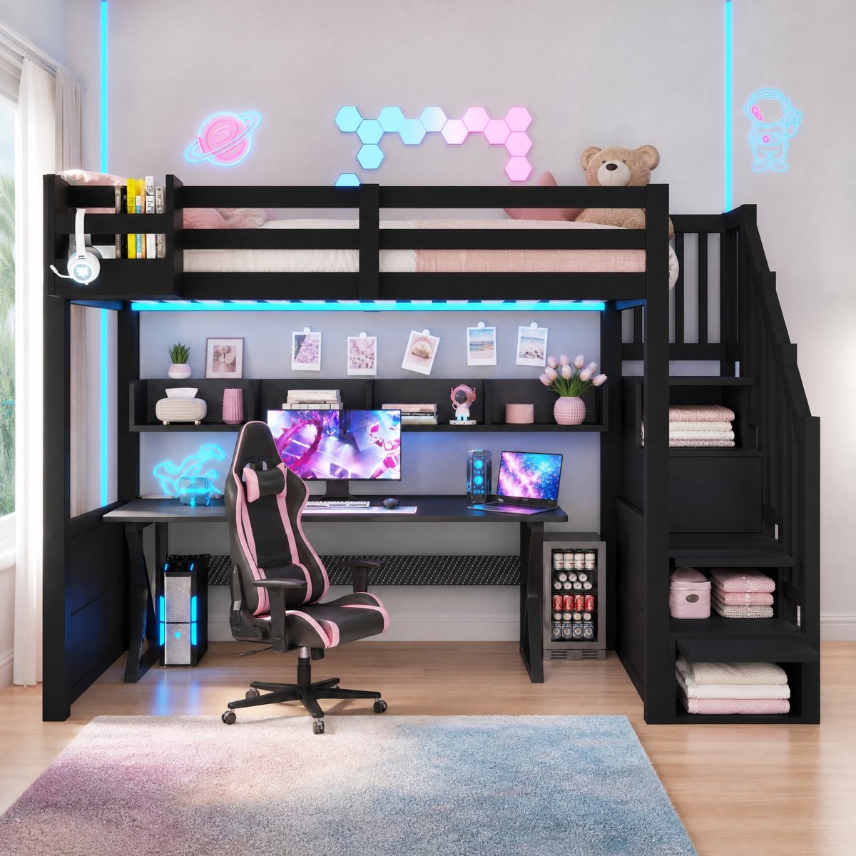 Hoogslaper 90x200 cm Zonder matras - Bed Met Opbergtrede, Opbergkast En LED-Verlichting - Voor Kinderkamer En Studiehoek - Hout - Zwart