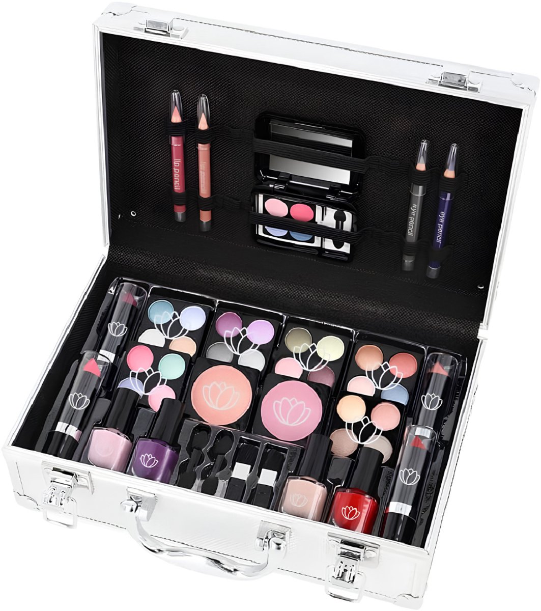 KIRA® Make Up Koffer - Make Up Koffer Meisjes - Make Up Koffer Met Inhoud - Make Up Set - Zilver - 26cm x 19cm x 9cm