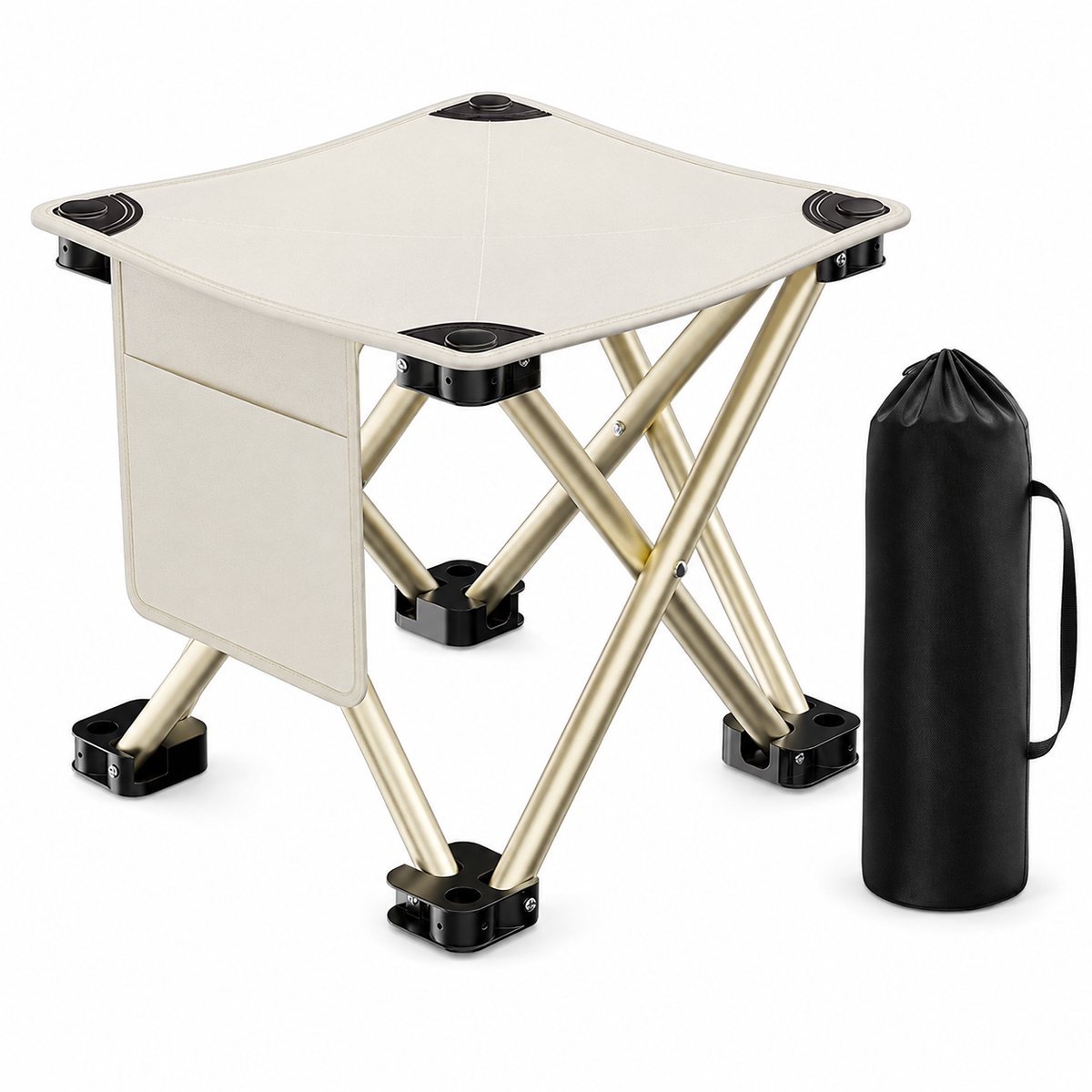 Opvouwbare Camping Kruk met Opbergtas - Draagbaar Viskrukje van 33 cm - Lichtgewicht en Inklapbare Outdoor Stoel van Sterk Staal en Oxford Stof - Ideaal voor Kamperen, Vissen, Tuin, Strand & Barbecue - Wit