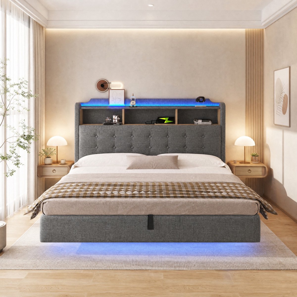 Gestoffeerd Bed 180x200 cm - Tweepersoonsbed Met LED Verlichting En Hydraulische Opbergruimte - Zwevend Design - Linnenstof En MDF - Grijs - Zonder Matras