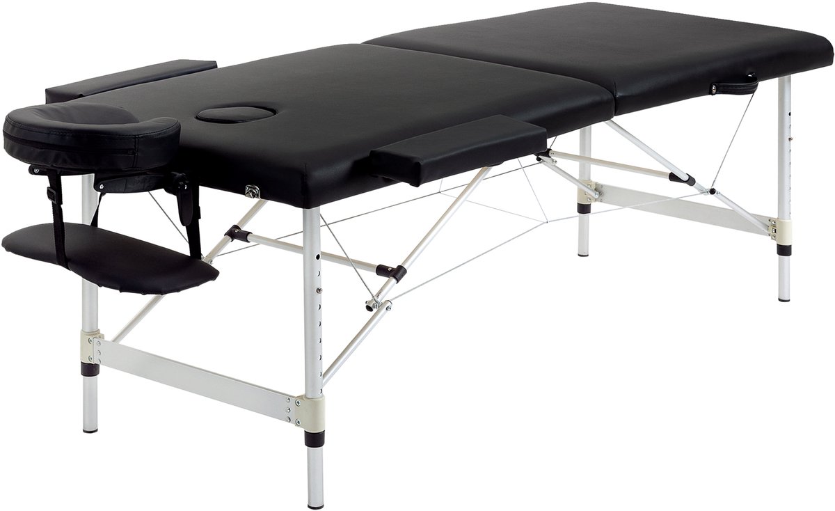 Opvouwbare massagetafel – massagestoel met twee zones – in hoogte verstelbaar – inclusief draagtas – maximaal draagvermogen 225 kg – afmetingen ca. 210 x 90 cm – zwart