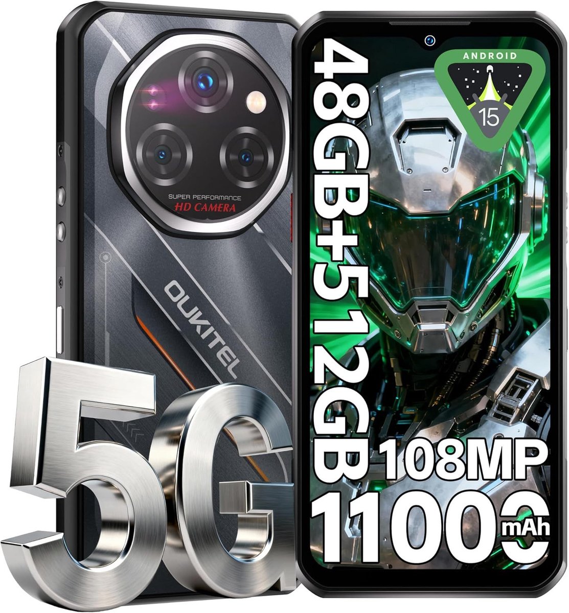 OUKITEL WP62 5G Rugged Smartphone-11000mAh-48GB RAM-512GB ROM-108MP camera-Android 15-IP68/IP69K-OTG