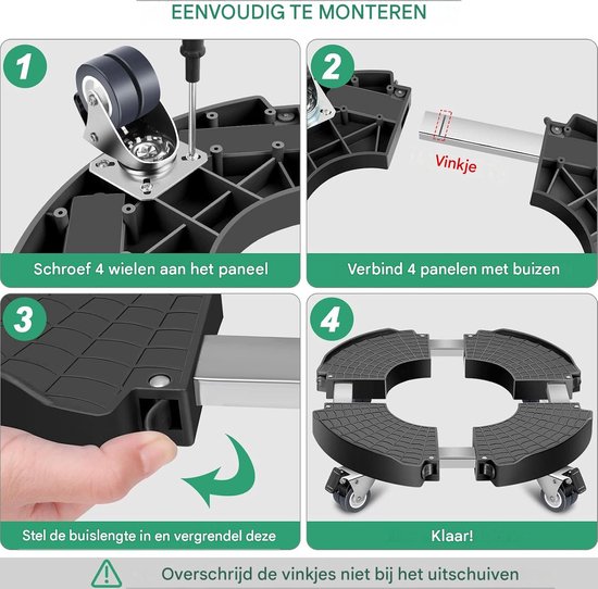 Montage-instructies: 1. Schroef 4 wielen aan het paneel. 2. Verbind 4 panelen met buizen. 3. Stel de buislengte in en vergrendel deze. 4. Klaar!