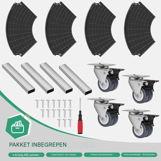 Dit pakket bevat 4 antislippanelen, 4 zwenkwielen met remmen, 4 roestvrijstalen buizen en 1 schroevendraaier met 16 schroeven.